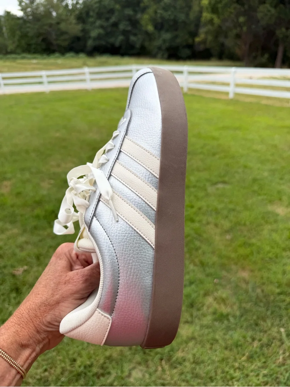 adidas Women’s Silver Leather Sneakers with Cream Stripes